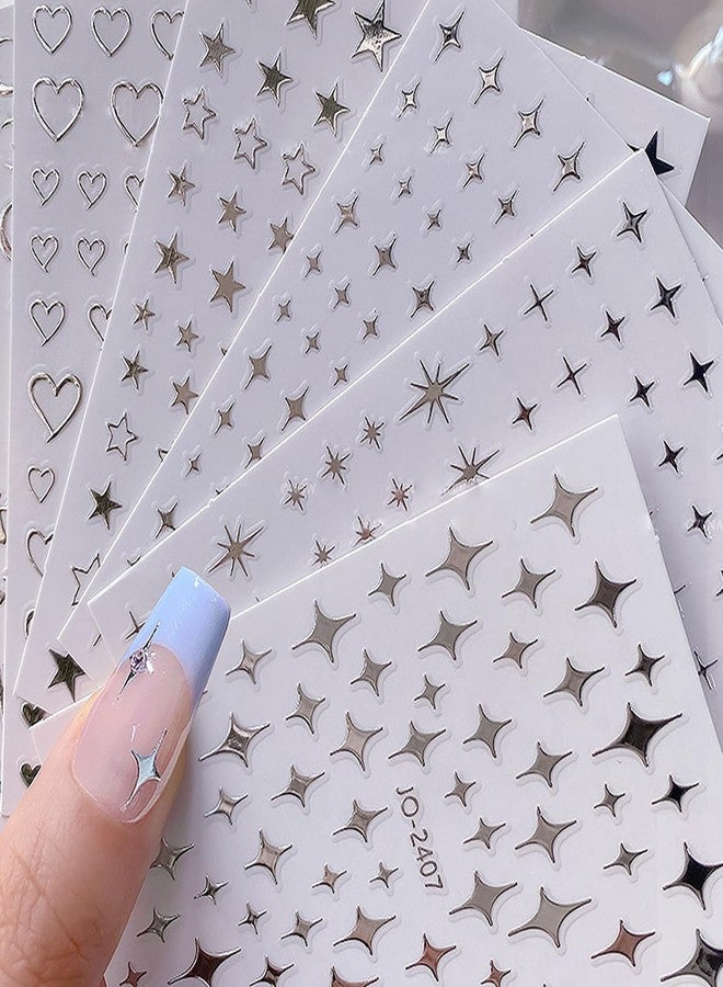 BSBTBZ 6Sheets Heart Star Nail Art Stickers 3D French Silver Glitter Nail Decals Designer Nail Supplies Metallic Silver Star Love Hearts Nail Designs Sticker for Women DIY Nail Decorations Accessories Crafts - Image 1